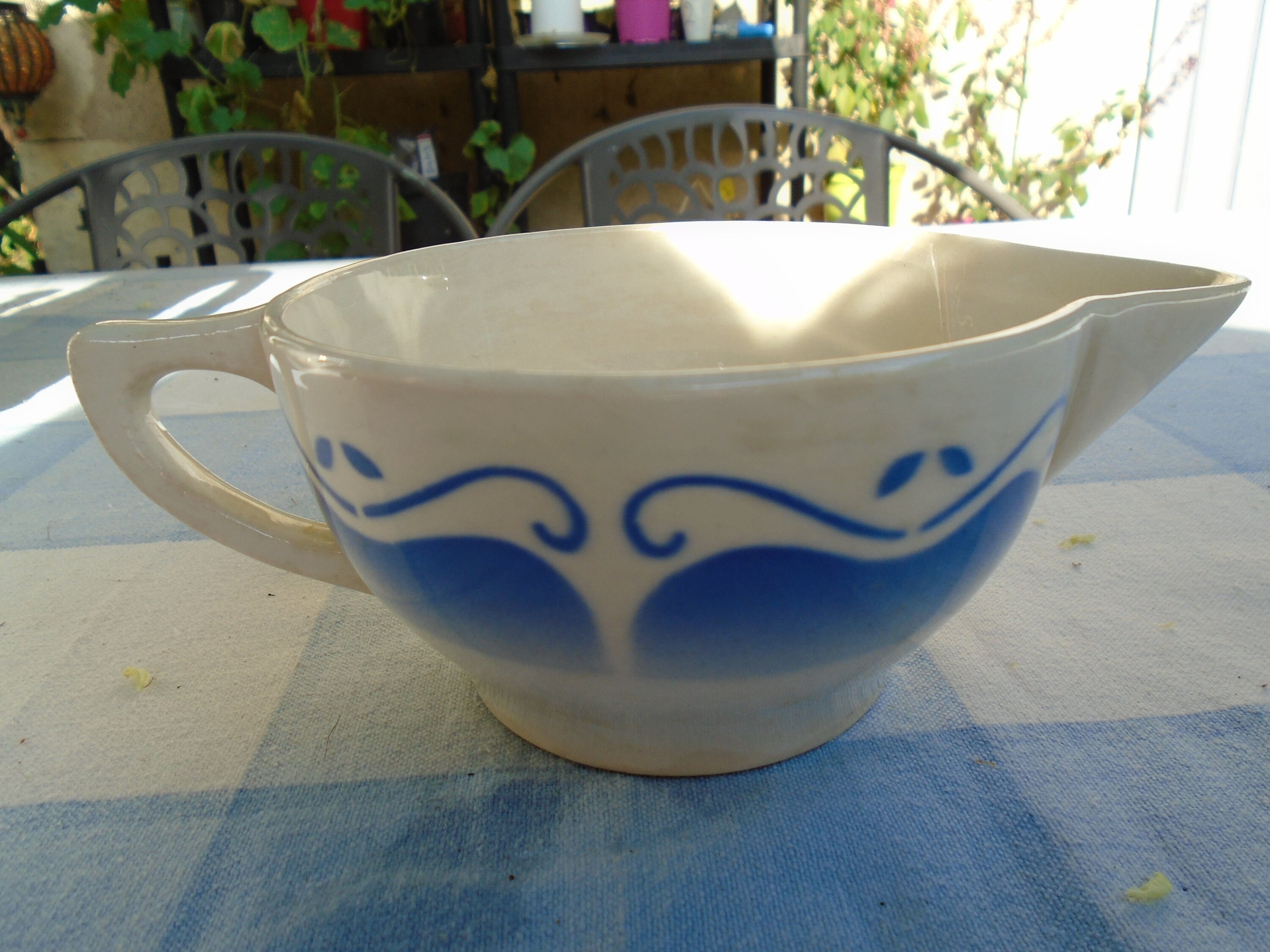 Joli Bol de Lait/Crème en Porcelaine Français Antique, Blue Transferware Des Années 1930, Période Ar