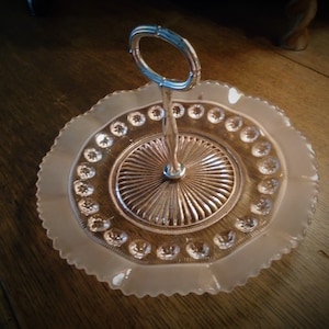 Beautiful French Vintage Pale Pink Depression Glass Cake or Sandwich Stand