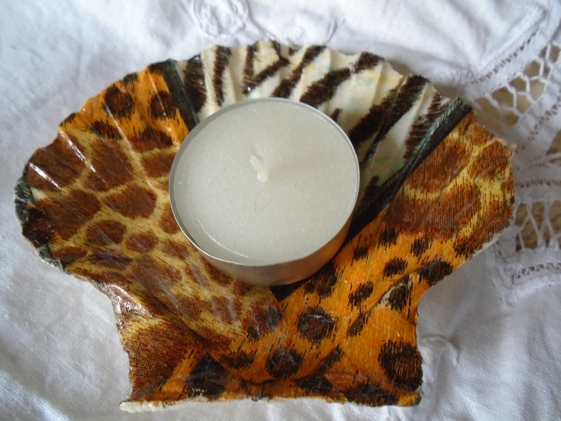 Hand Decorated Real French Oyster Shell Ring Dish or Tealight Holder Animal Print Shell Dish