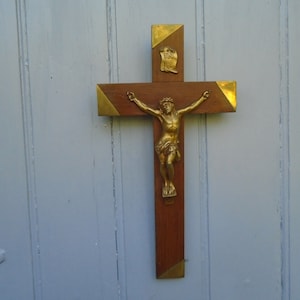 Vintage French Wall Crucifix, Bronze Corpus of Christ, Art Deco Style Cross with Brass Decorative Corners