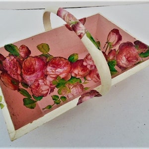 French Vintage Wood Gathering Basket, Flower Girl Basket, Wedding Rose Petal Carrier, Easter Hunt Basket, Decoupaged with Roses