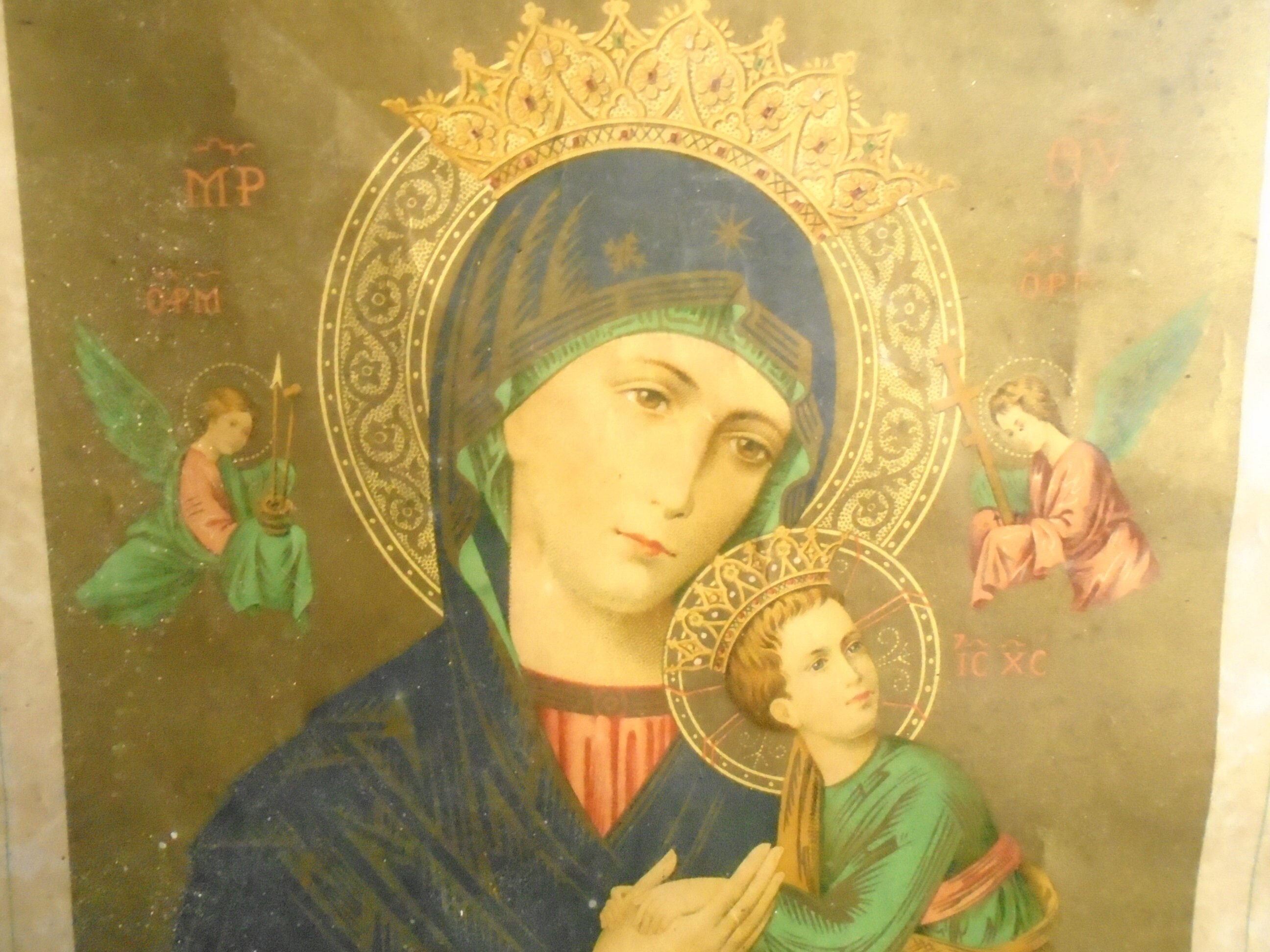 Gravure Religieuse Français Encadrée, Vierge Marie et Jésus, Années 1920