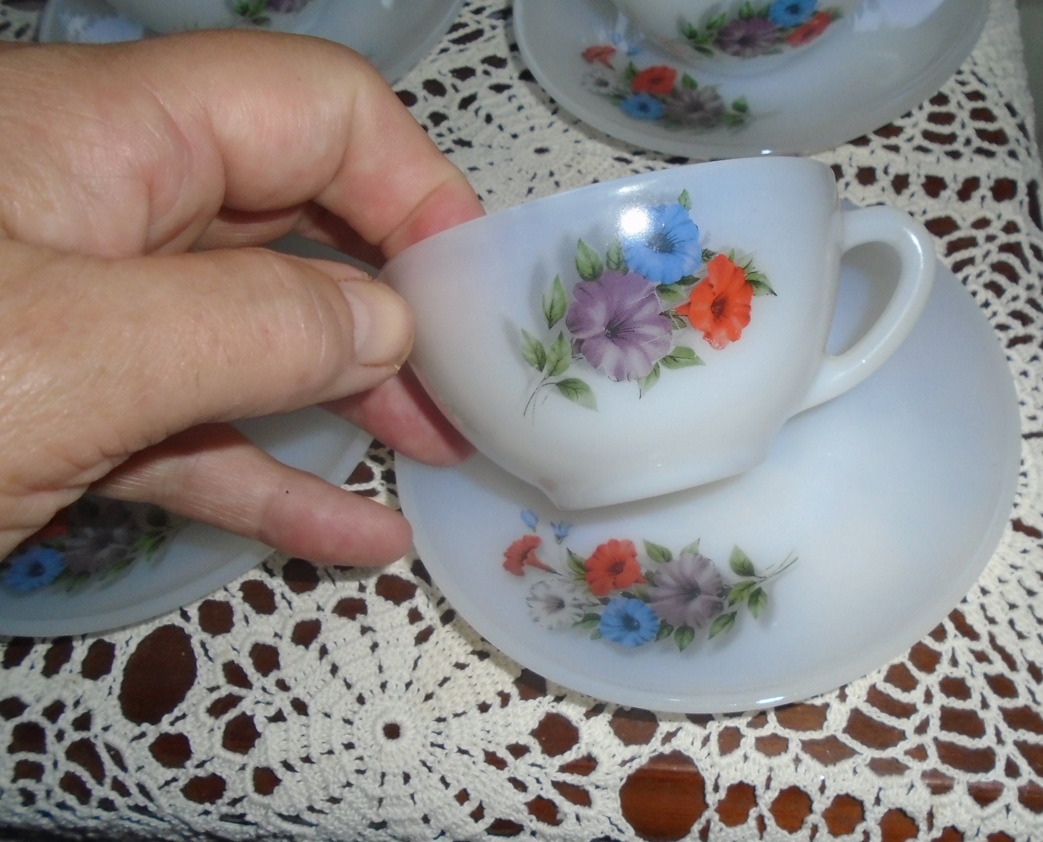 Vintage Français Verre à Lait Arcopal Set de 4 Tasses et Soucoupes