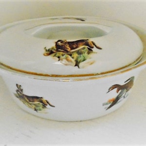 Vintage French White APILCO Lidded Terrine with Rabbits and Game Birds, Country Style Casserole Dish