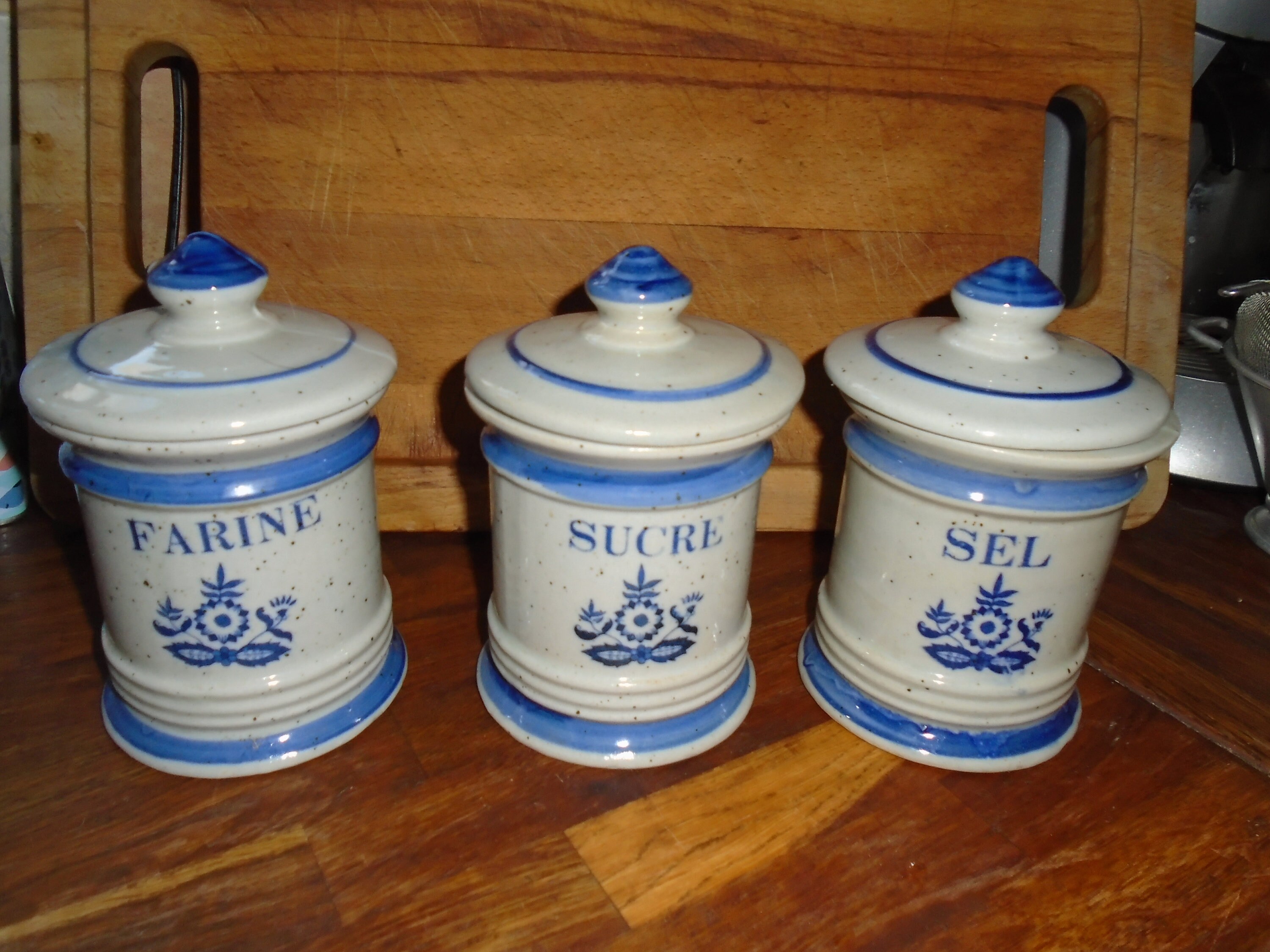 Ensemble de 3 Cannisters Cuisine en Porcelaine Vintage Français, Pots Gris Bleu Farine, Sucre, Sel