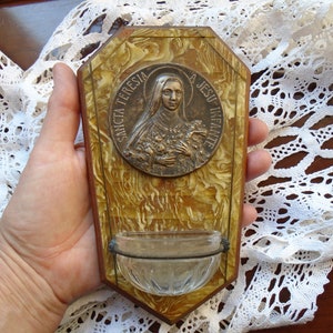Antique French Art Deco Benitier / Holy Water Font, with Celluloid / Lucite Faux Marbling, St Theresa Medal, Glass Font