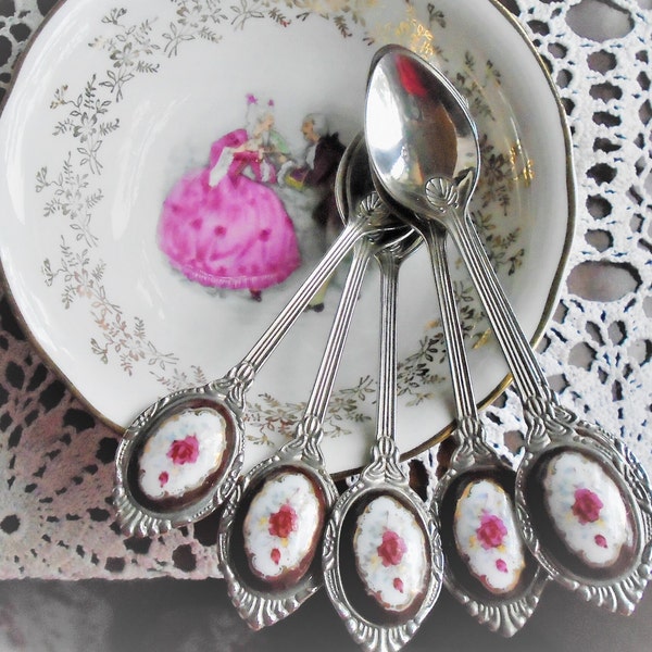 Cuillères à dessert vintage en argent, avec embouts camée en porcelaine