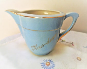 Vintage French Pale Blue Porcelain Creamer / Milk Jug / Made in France / Moulin Des Loups, Nord, Orchies  'Nous Deux'