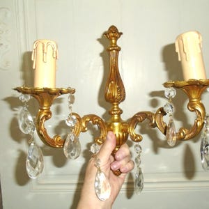 Two Antique French Double Candle Wall Sconces with Glass Crystal Drops