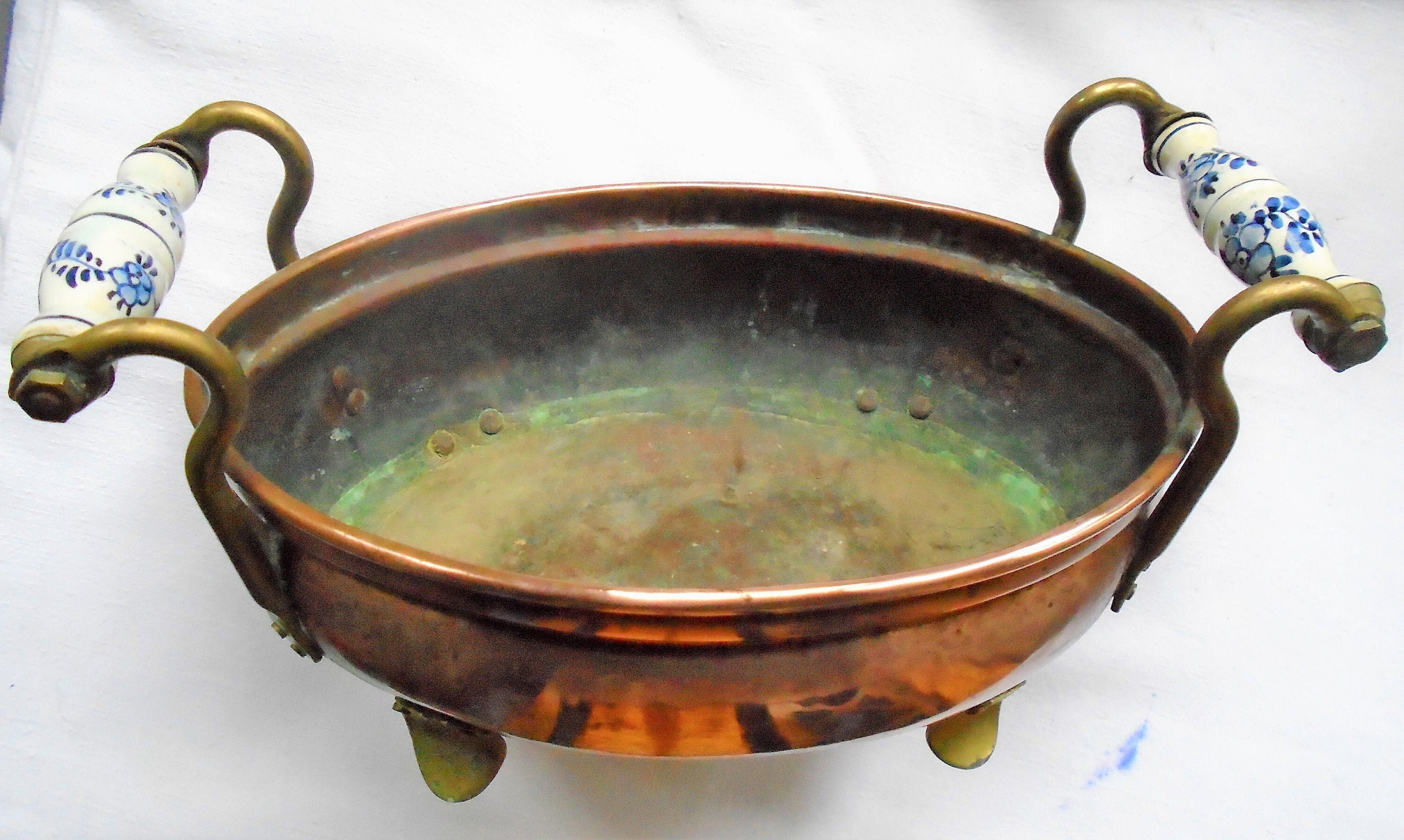 Jardinière en Cuivre Vintage Français avec Poignées Porcelaine Farmhouse Copper Pot Décoration Au Co