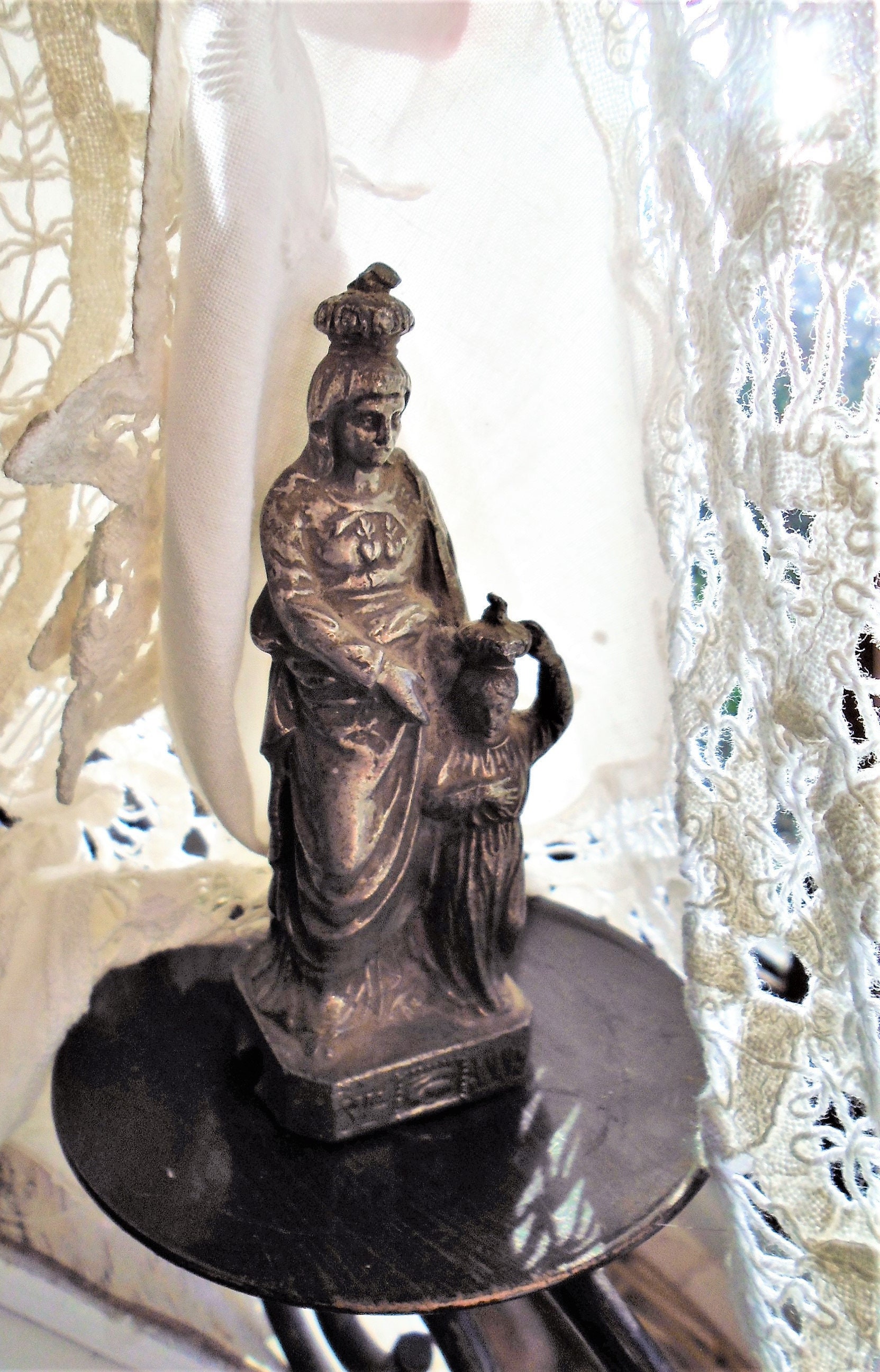 Antique Français Bronze Moulé Statue de Sainte-Anne, avec L'enfant Jésus, Sainte Anne d'auray, Figur