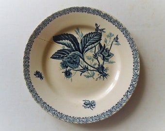 Antique French Dessert Plate by H B Choisy Le Roi, Dark Gray Blue Transferware With Fruit and Insects