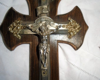 Antique French Benitier, Souvenir de Lourdes, Art Nouveau Ornate Crucifix, Silver Tone Corpus of Christ