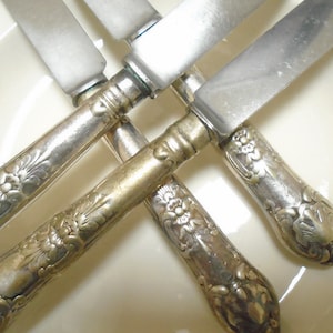 Puede incluir: Primer plano de cuchillos de plata antiguos con diseños florales ornamentados en los mangos. Las hojas son plateadas y los mangos tienen un aspecto vintage deslustrado. Los cuchillos están dispuestos en un patrón entrecruzado.