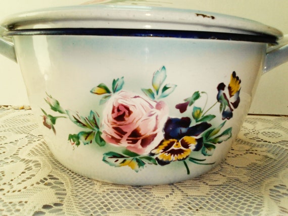 Vintage French Extra Large Floral Enamel Pan, JAPY Rose and Pansy