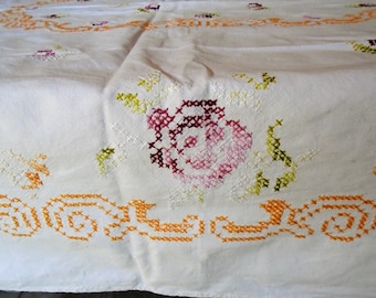 刺繍入り花柄ヴィンテージテーブルクロス：フレンチカントリー風