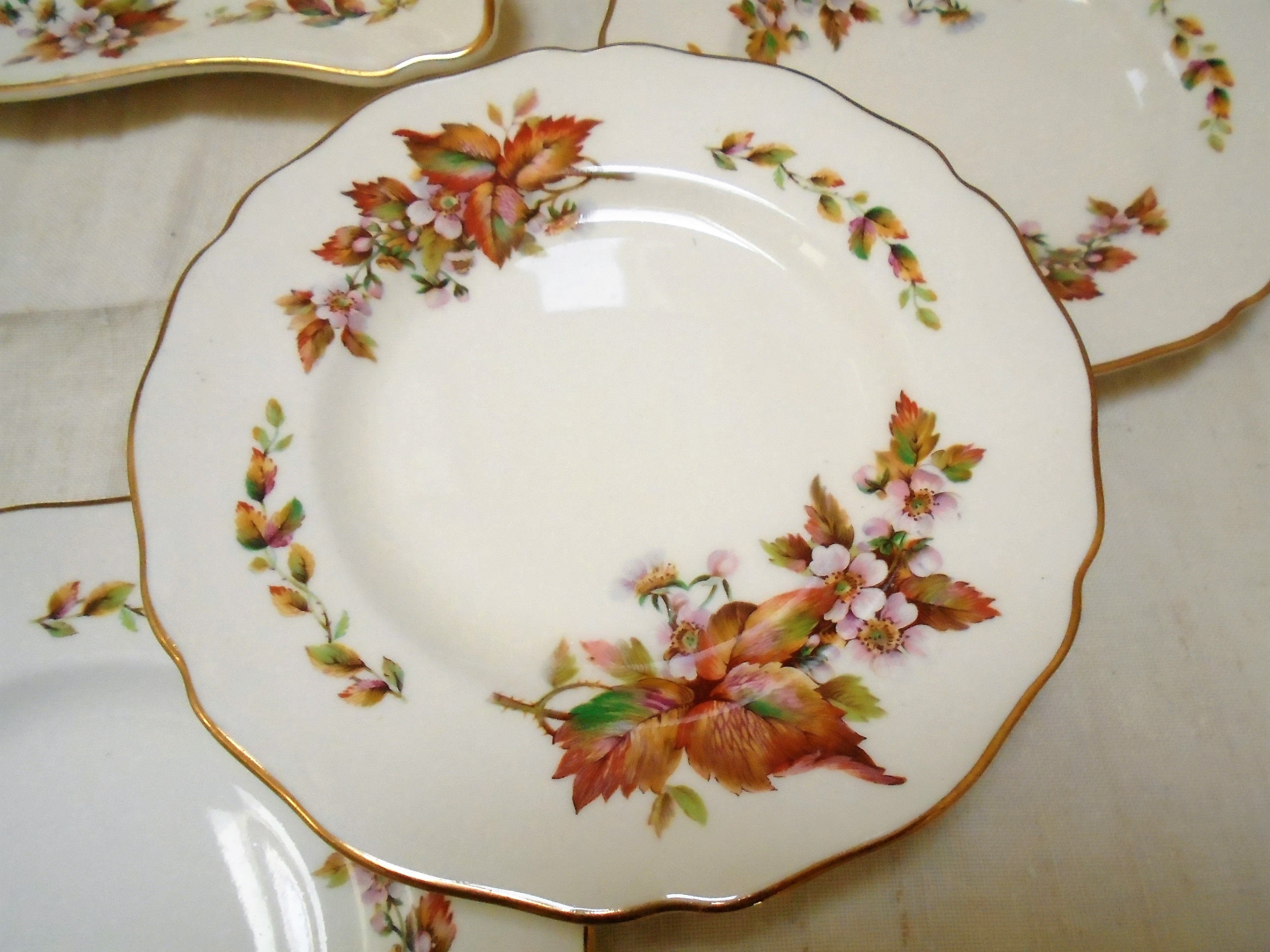 6 Antique English Royal Doulton Cake or Sandwich Plates, Autumn Leaf Design, Gilded Edges, Fall Plates