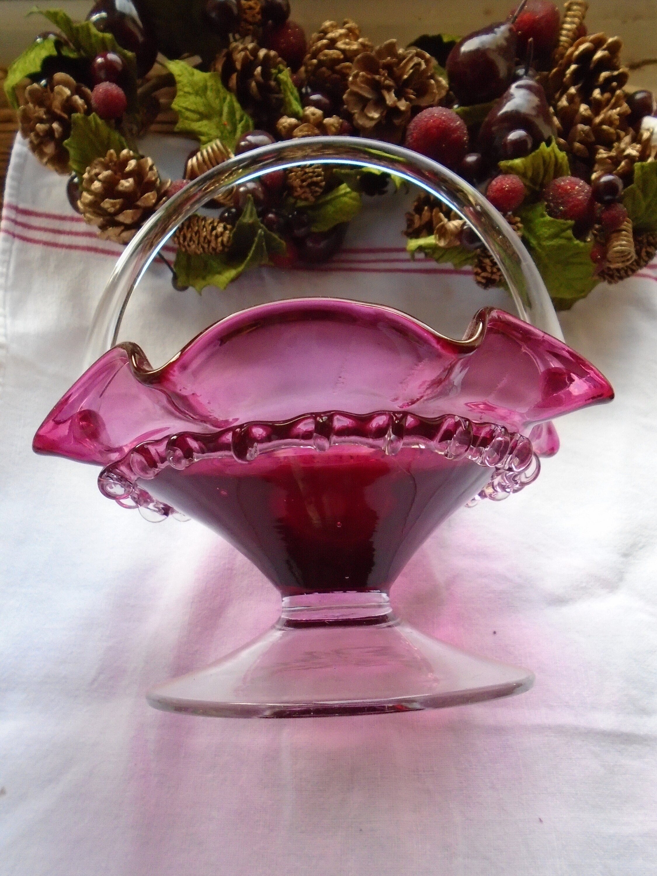 Vintage Pink-Red Cranberry Glass Basket, 1980s Cranberry Glass Decor
