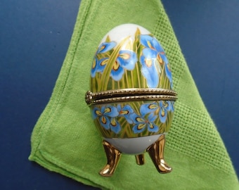 Vintage French Porcelain Egg Trinket Box, Blue Green and White, Gilded; Oeuf Porcelaine, Hinged