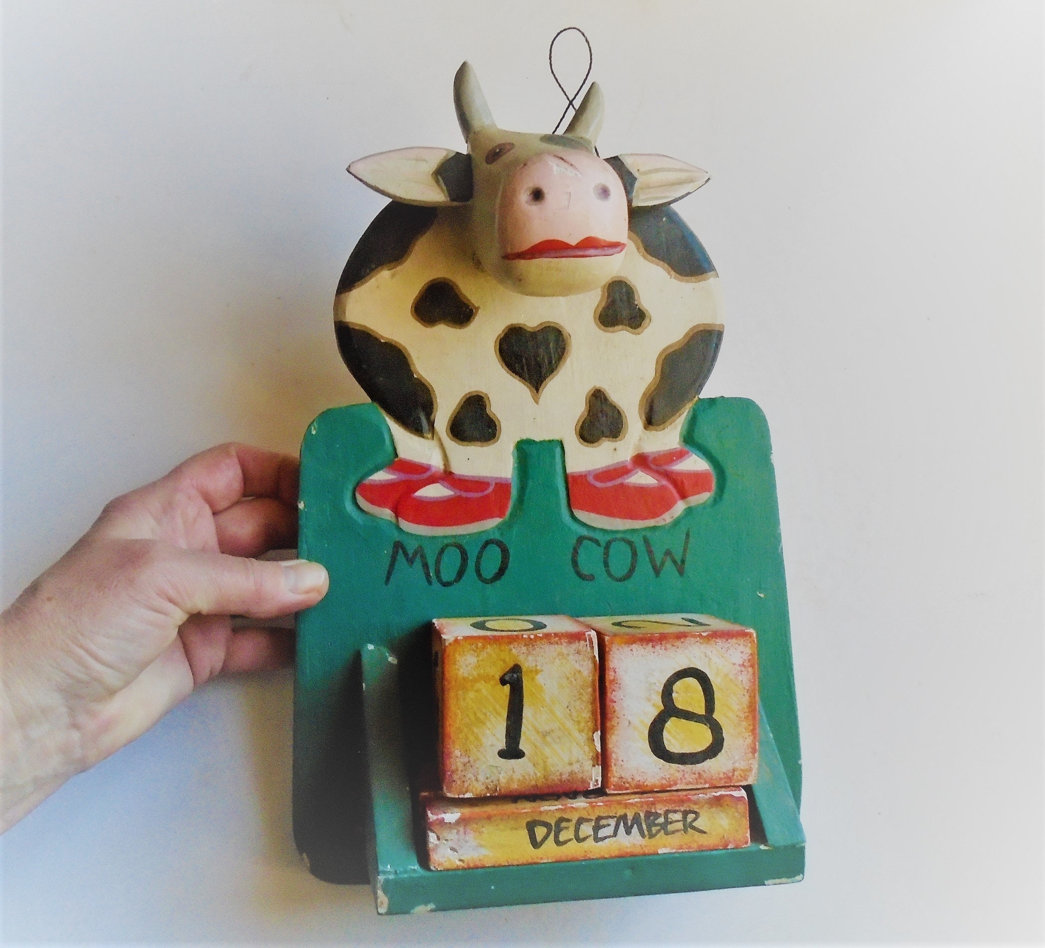 Vintage Wood Calendrier Perpétuel Moo Cow, Mural Ferme, d'apprentissage de Date Enfant