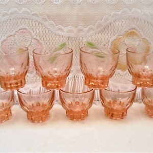 9 Vintage French Peach Salmon Pink Aperitif or Shot or Sorbet Glasses, Mid Century Pressed Glass Rosaline Cognac Glass Set