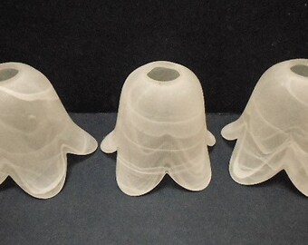 Three Small Vintage French White Streaky Murano Glass Tulip Lamp Shades with Scalloped Rims