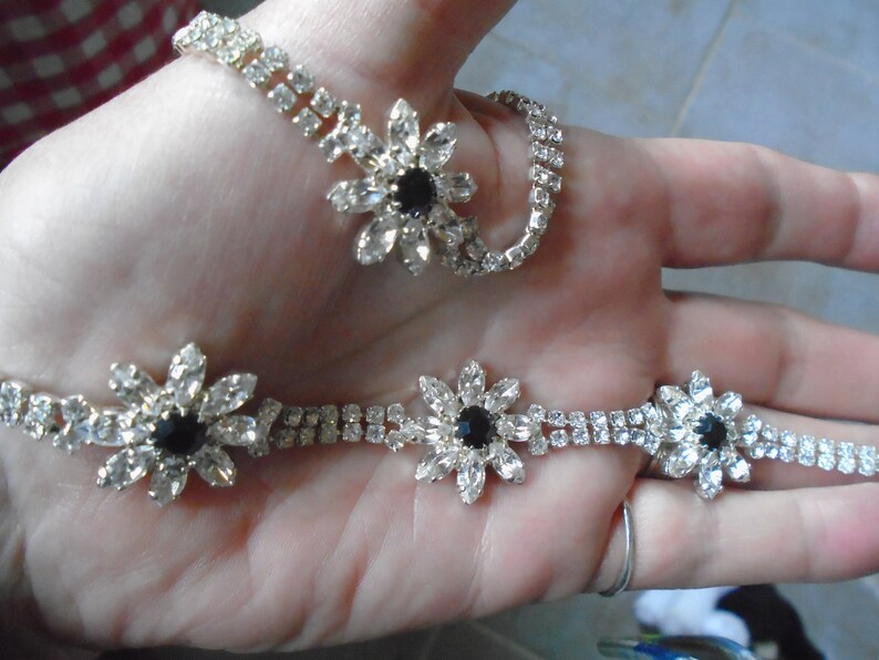 Vintage Silver Plated Prom Necklace and Bracelet with Black Stones