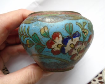 Antique Japanese Blue Floral Brass and Enamel Cloisonne Trinket Box, c. 1900