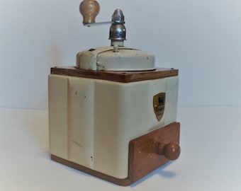 Antique Peugeot Freres Coffee Grinder: Cream Metal & Wood, French Farmhouse Decor