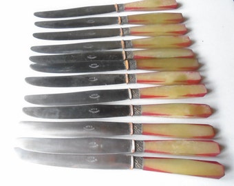 12 Antique French Knives, Bakelite Handles, Art Deco