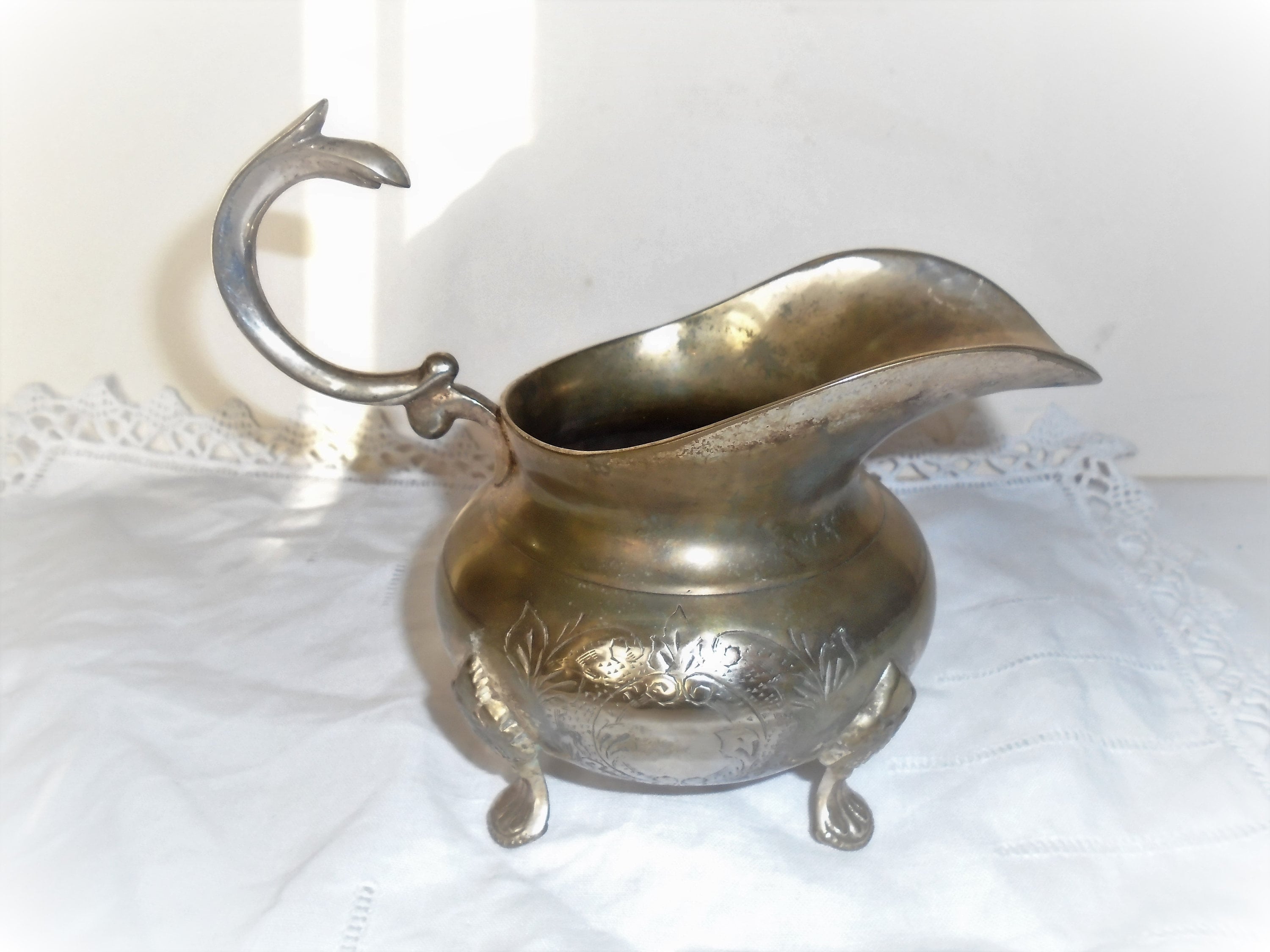 Magnifique Crème Antique Français Plaqué Argent ou Cruche de Lait/Sirop Miel, Art Nouveau, Années 19