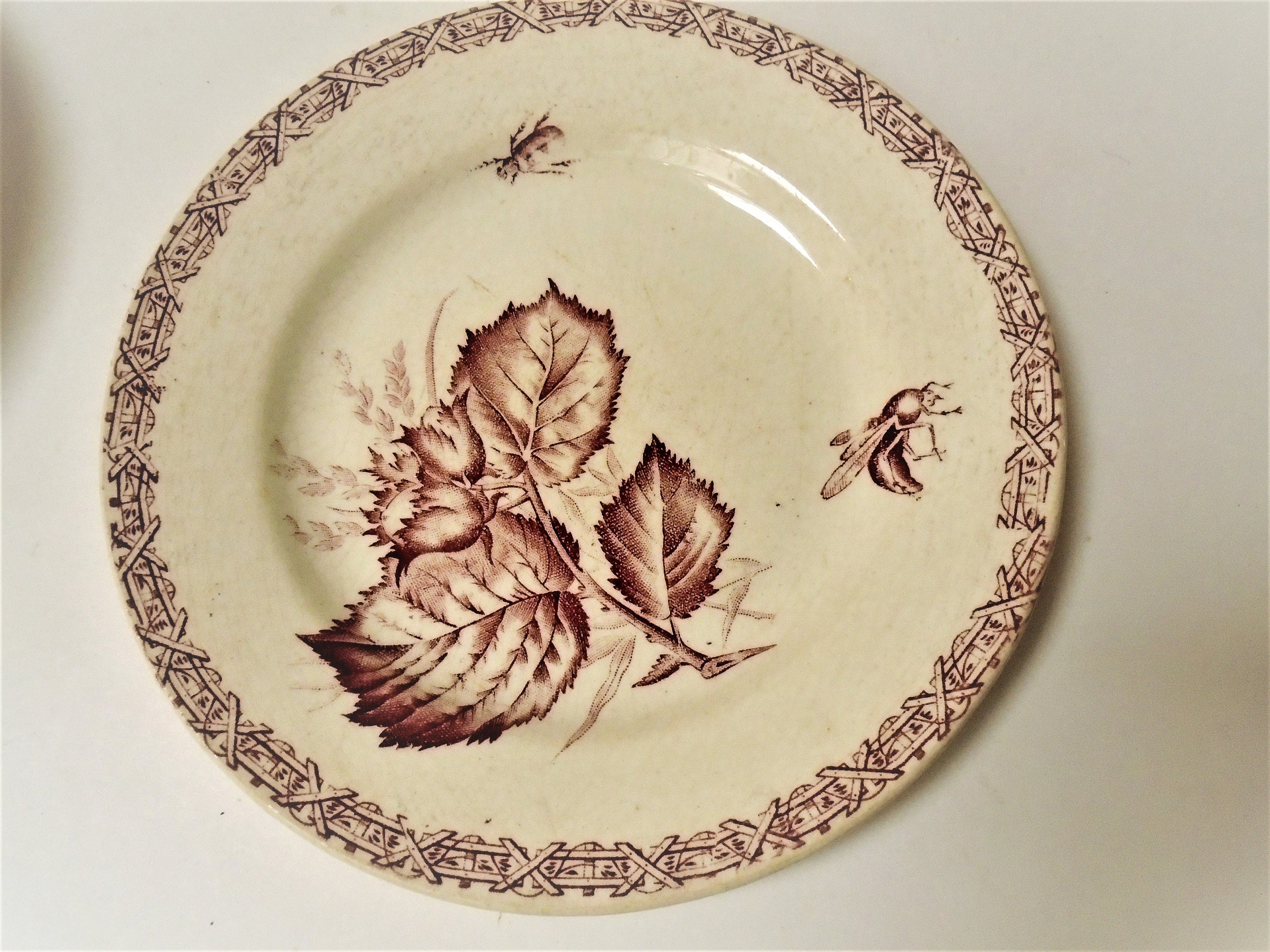 One Antique Français Choisy Le Roi Ironstone Side Plates Dish, Red Transferware, Années 1800, Noiset