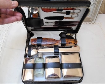 Vintage French Gents Vanity Set in Original Box, Gentleman&#39;s Travel Toiletry Set, Black Case