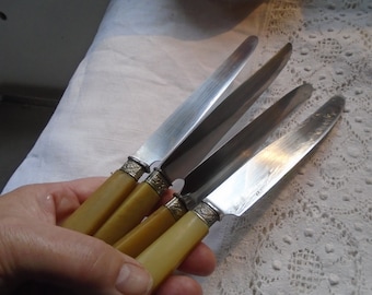 Four Vintage French Dinner Knives, Bakelite Handles, Art Nouveau, Tixier Inoxydable