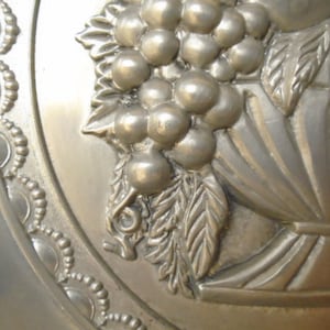 Large Vintage French Pewter Dish with Embossed Fruit Bowl Design, Pewter Home Decoration