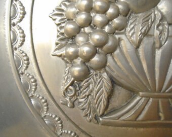 Large Vintage French Pewter Dish with Embossed Fruit Bowl Design, Pewter Home Decoration
