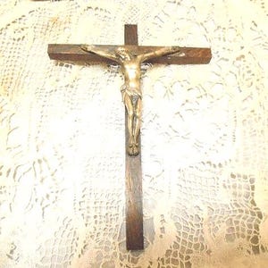 Vintage French Wall Crucifix, Slim Wall Crucifix, Wood Cross and Brass Corpus of Christ, Religious Wall Hanging