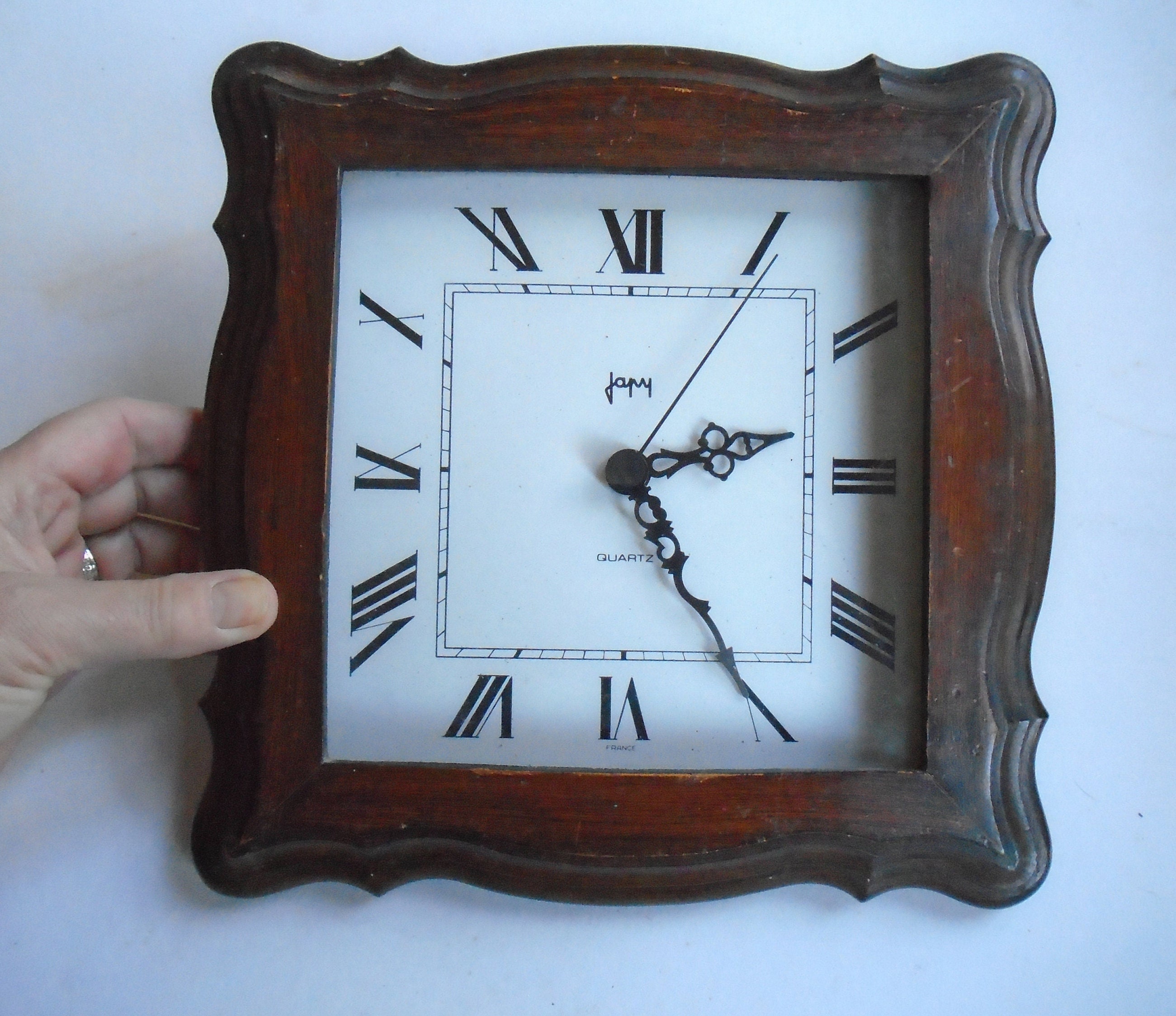 Horloge Murale Vintage Français Japy, Cadre en Bois Brun, Chiffres Romains, Fonctionnant sur Batteri