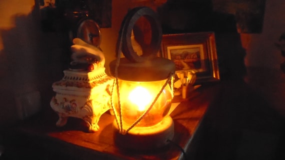 Rustic Mariners Vintage Lantern, Nautical Orange Glass Fishing