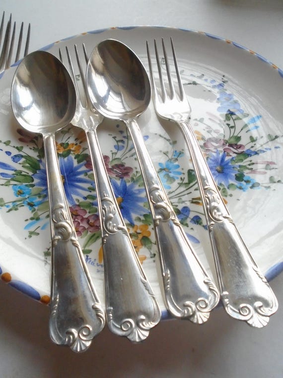 12 cuillères et fourchettes vintage en métal argenté, poinçonnés, couverts en argent, Art nouveau - France