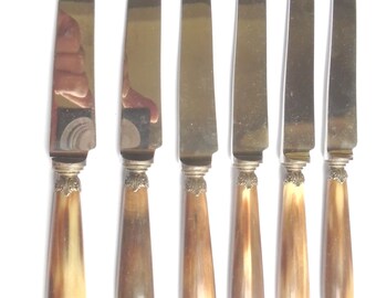 Six Antique French Dinner Knives, Horn Handles, Silver Ferules, Stainless Steel Blades