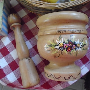 Vintage Wood Pestle and Mortar, Floral Folk Art Design, Made in Italy