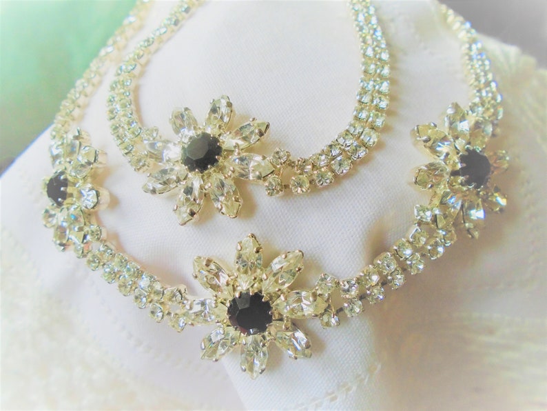 Vintage Silver Plated Prom Necklace and Bracelet with Black Stones