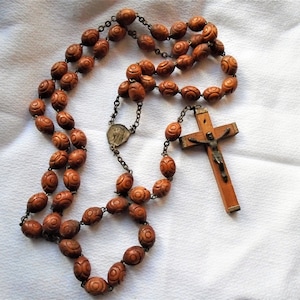 Extra Long Antique Italian Carved Wood Bead 5 Decade Rosary with Crucifix and Silver Lourdes Medal
