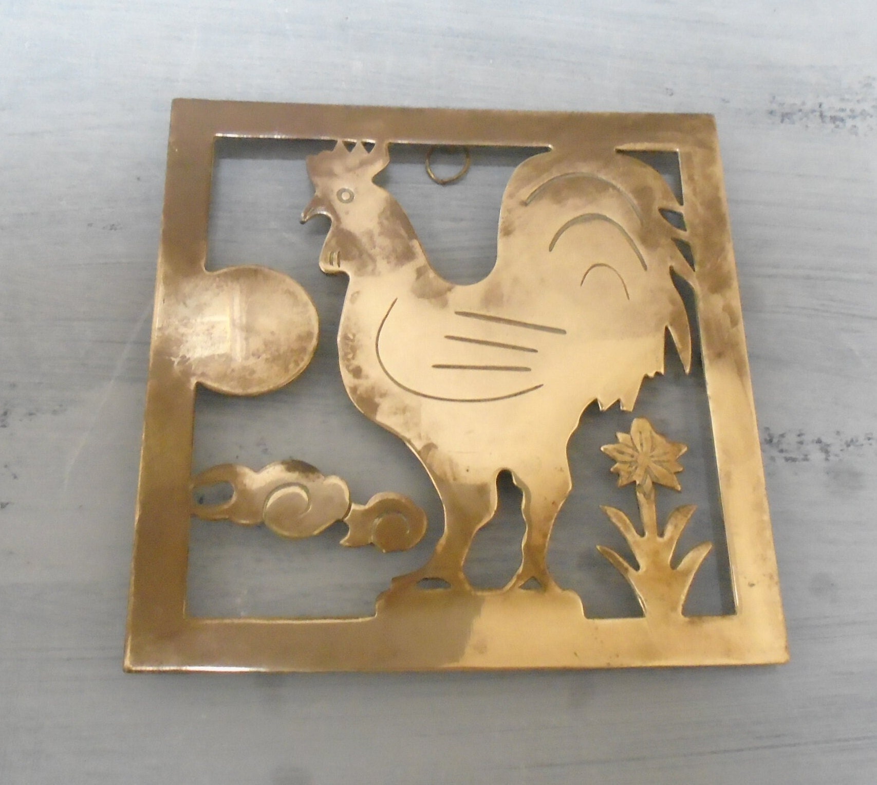 Vintage French Brass Trivet, Square Cockerel Pot Stand, Retro Kitchen Worktop and Table Protector, Hot Pan Stand