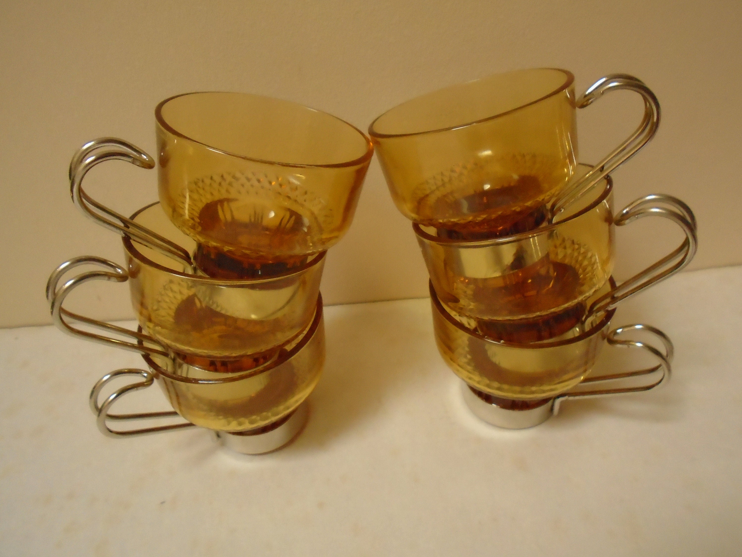 Six Amber Glass Espresso Cups With Metal Handles Faceted Gold