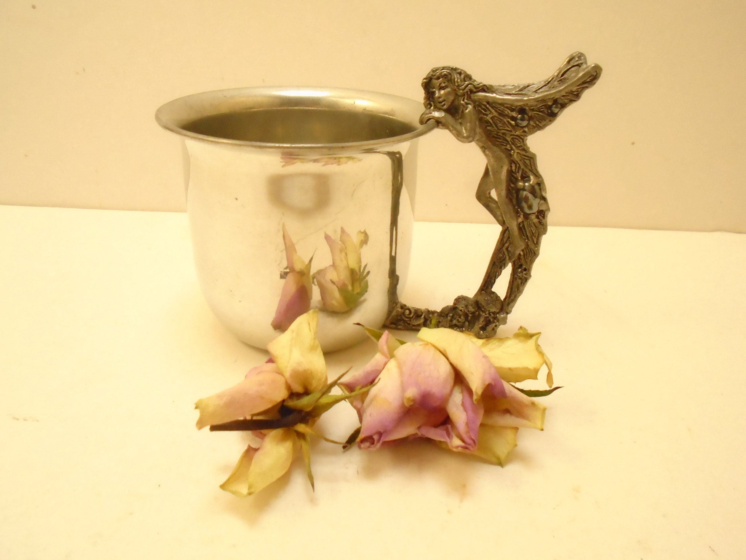 Tasse Plaquée Argent Vintage, Style Art Déco, Années 1930, avec Belle Poignée de Fée Ornée, Tasse Ba