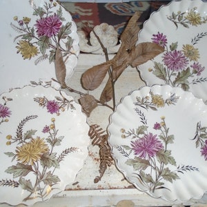 4 Antique French Hand Painted Floral Plates, Gilded, Chrysanthemum Floral Design