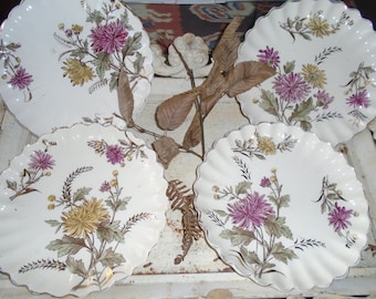 4 Antique French Hand Painted Floral Plates, Gilded, Chrysanthemum Floral Design