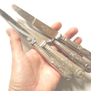 Puede incluir: Cuatro cuchillos de cena de plata con mangos ornamentados. Los cuchillos tienen un acabado pulido y están dispuestos en una mano.